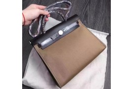 HE-BAG-HB-101 HerBag Top Handle Bag Canvas/Calfskin Nappa Bi-Colour Black/Khaki