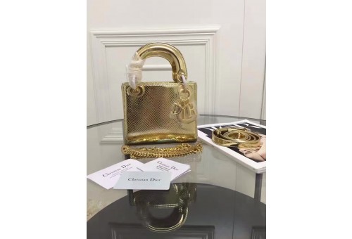 CD-BAG-LDM-182 Lady Dior Mini Calkskin Snakeskin Pressed Patent Gold