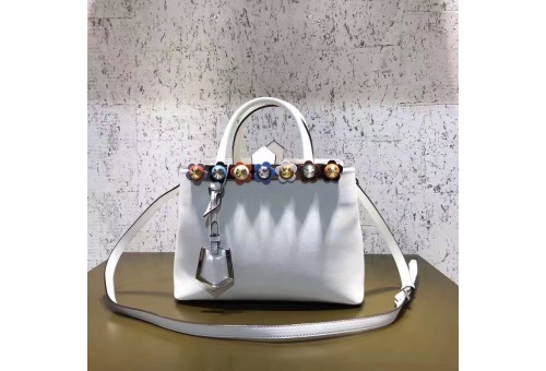 FEN-BAG-L-2J-100 2 Jours Top Handle Tote Calfskin With Pyramid Studs White 