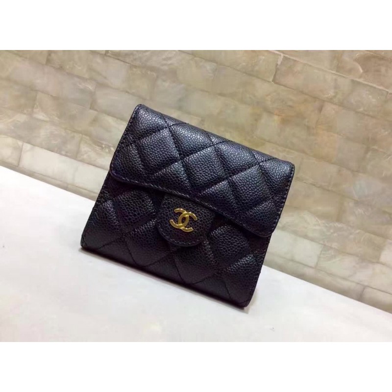 CHA-WAL-ICF-101 Iconic Flap Small Wallet Lambskin Grained Black