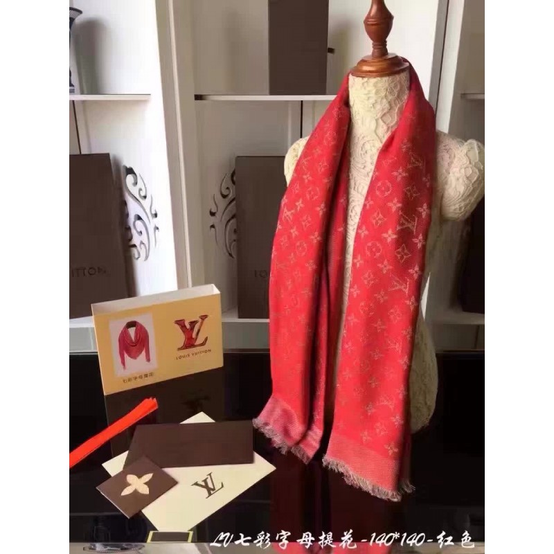 LV-SCF-WS-103 Monogram Design Wool+Silk Scarf Red