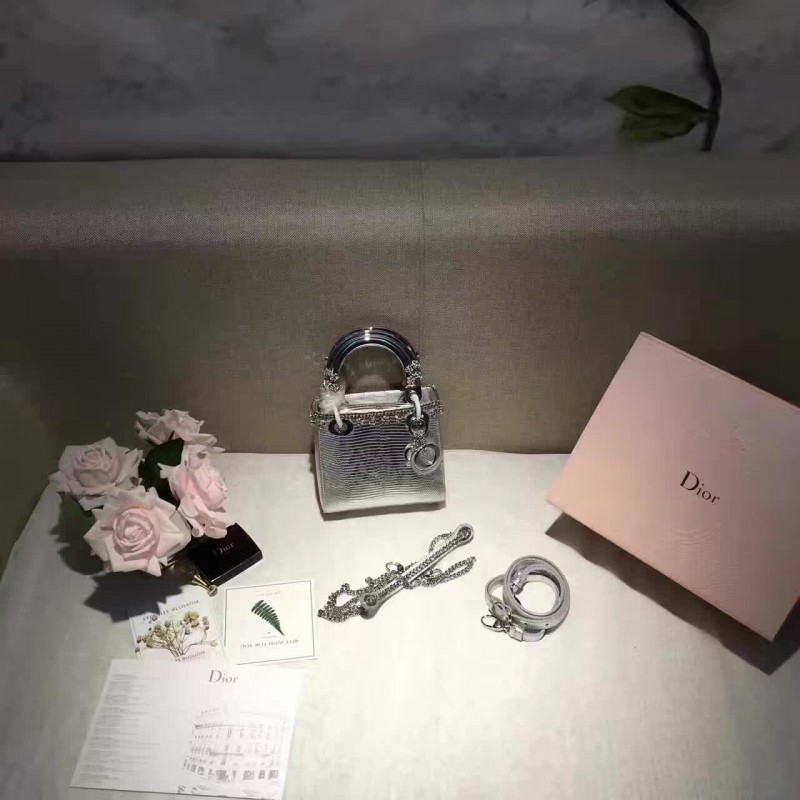 CD-BAG-LDM-201 Lady Dior Mini Pressed Design Patent Silver with Rose Appliques