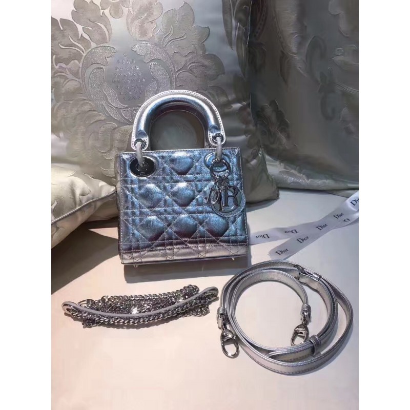 CD-BAG-LDM-051 Lady Dior Mini Calfskin Grained Quilted Patent Silver