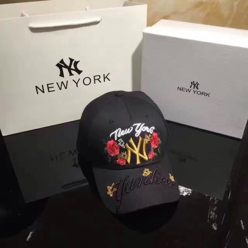 NYC-CP-102 New York Yankees Canvas Baseball Cap Flower Embroidery Design Black