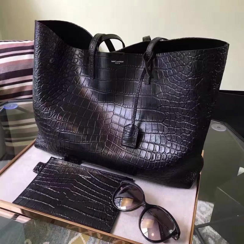 YSL-BAG-L-ST-101 Shopping Tote Bag, Black Croc Pressed 